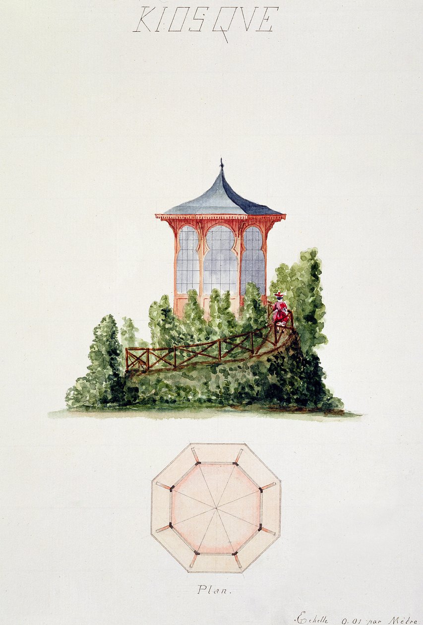 Ontwerp voor een paviljoen in vereenvoudigde oosterse stijl, uit een folio van originele tekeningen in klassieke en vroege Belle-Epoque stijlen, c.1870 door H. Monnot