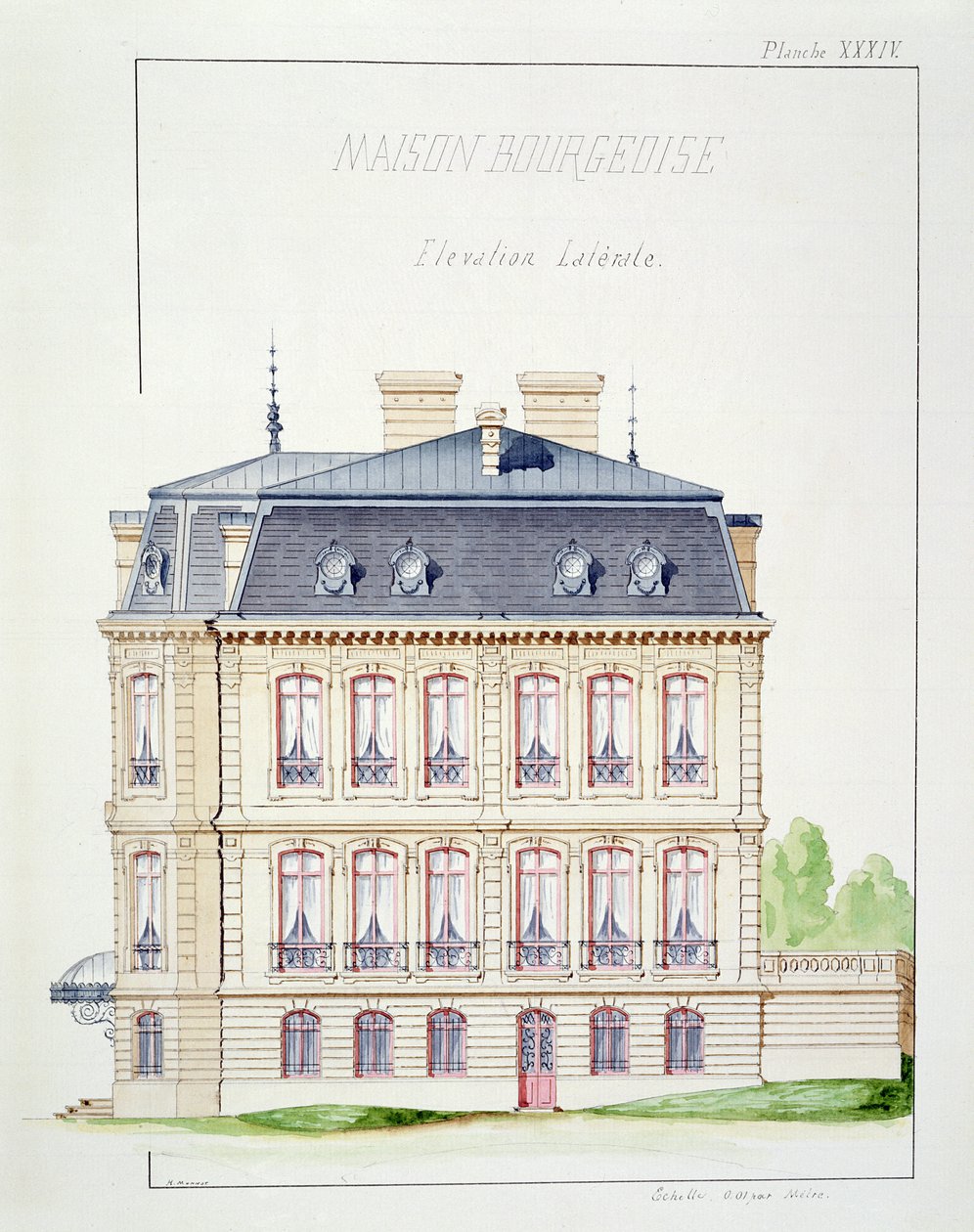 Zijaanzicht van een huis voor de bourgeoisie, plaat XXXIV uit een folio van ontwerpen door H. Monnot