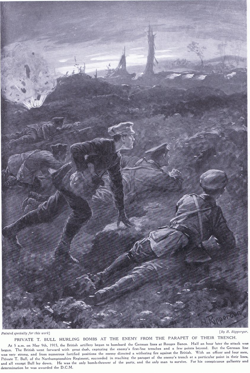 Soldaat T Bull won een DCM door bommen naar de vijand te gooien vanaf de borstwering van hun loopgraaf bij Rouges Banc mei 1915 door H. Ripperger