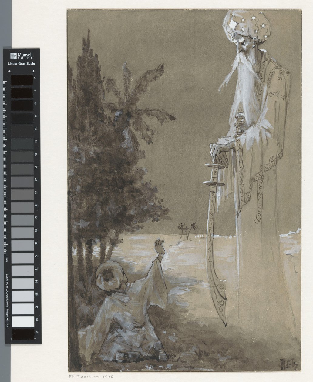 Lange man met baard kijkt neer op een zittende jongen door H.C. Louwerse (signed by artist)