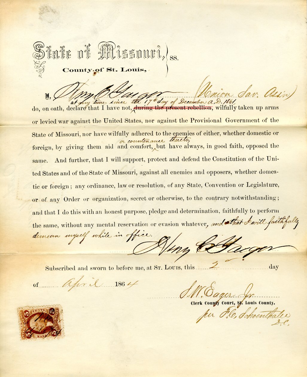 Loyaliteitseed van Henry C. Yaeger uit Missouri, County of St. Louis door H.C. Yaeger