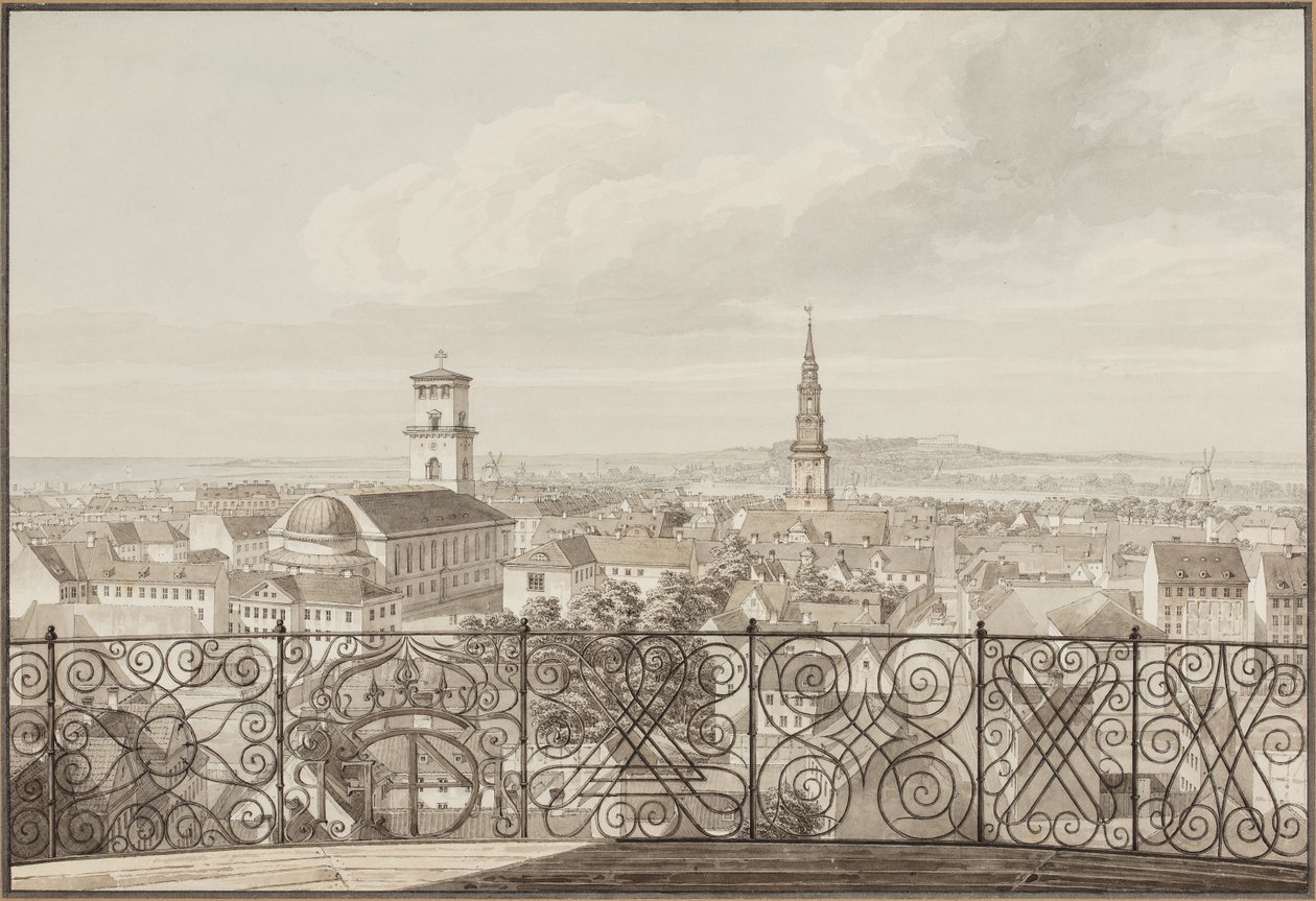 Uitzicht vanaf de Rundetårn over Kopenhagen naar Frederiksberg Slot door H.G.F. Holm