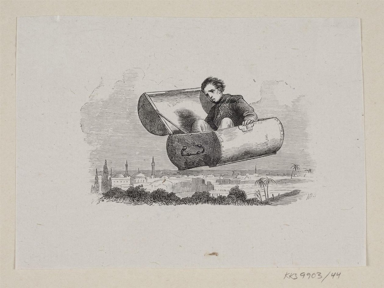 Illustratie voor "De vliegende koffer" in H.C. Andersen, "Sprookjes en verhalen", Deel 1 door H.P. Hansen