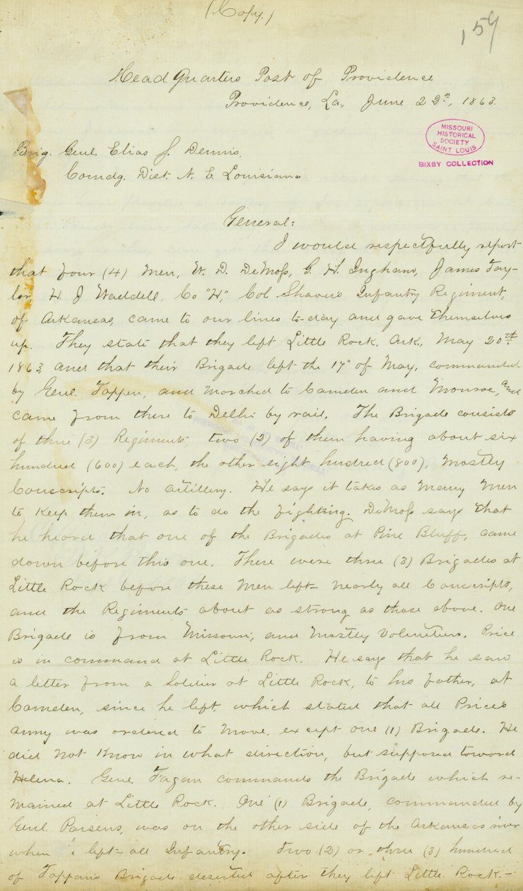 Brief van H. T. Reid, hoofdkwartier, Post of Providence, Louisiana, aan Brigadegeneraal Elias S. Dennis, 22 juni 1863 door H.T. Reid