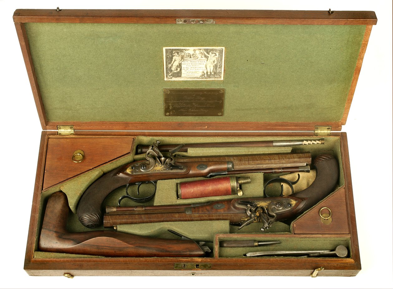 Paar vuursteen duelpistolen met koffer en accessoires, c.1780-1800 door H.W. Mortimer and Sons