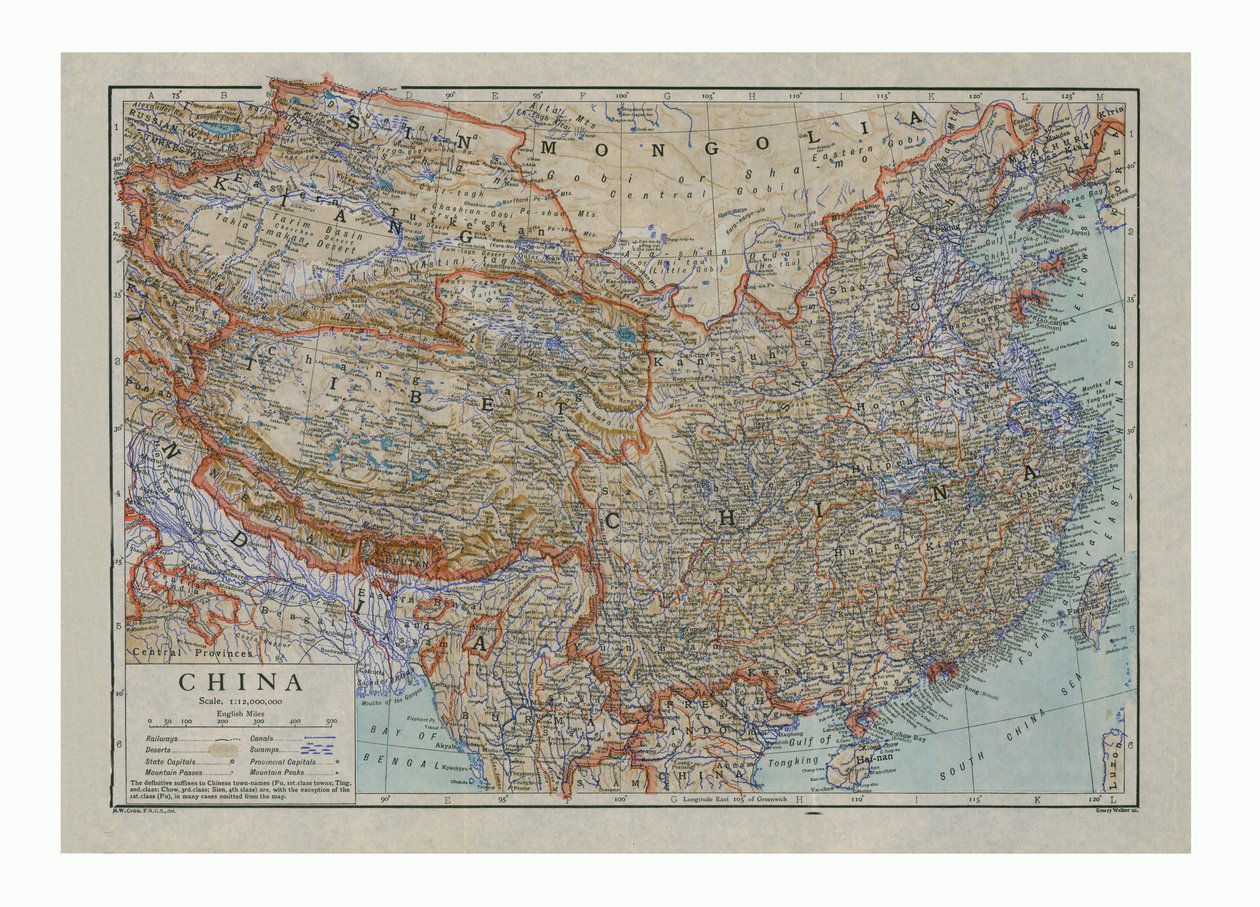 Kaart van China, ca. 1910 door HW Cribb