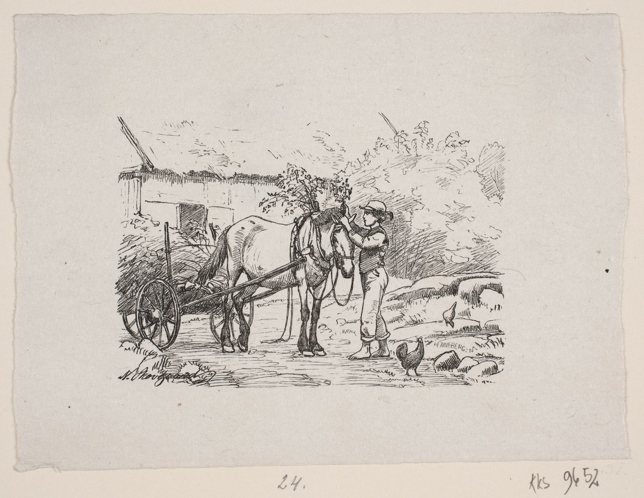 Een jongen versiert een paardentuig met groene takken door H. C. Henneberg