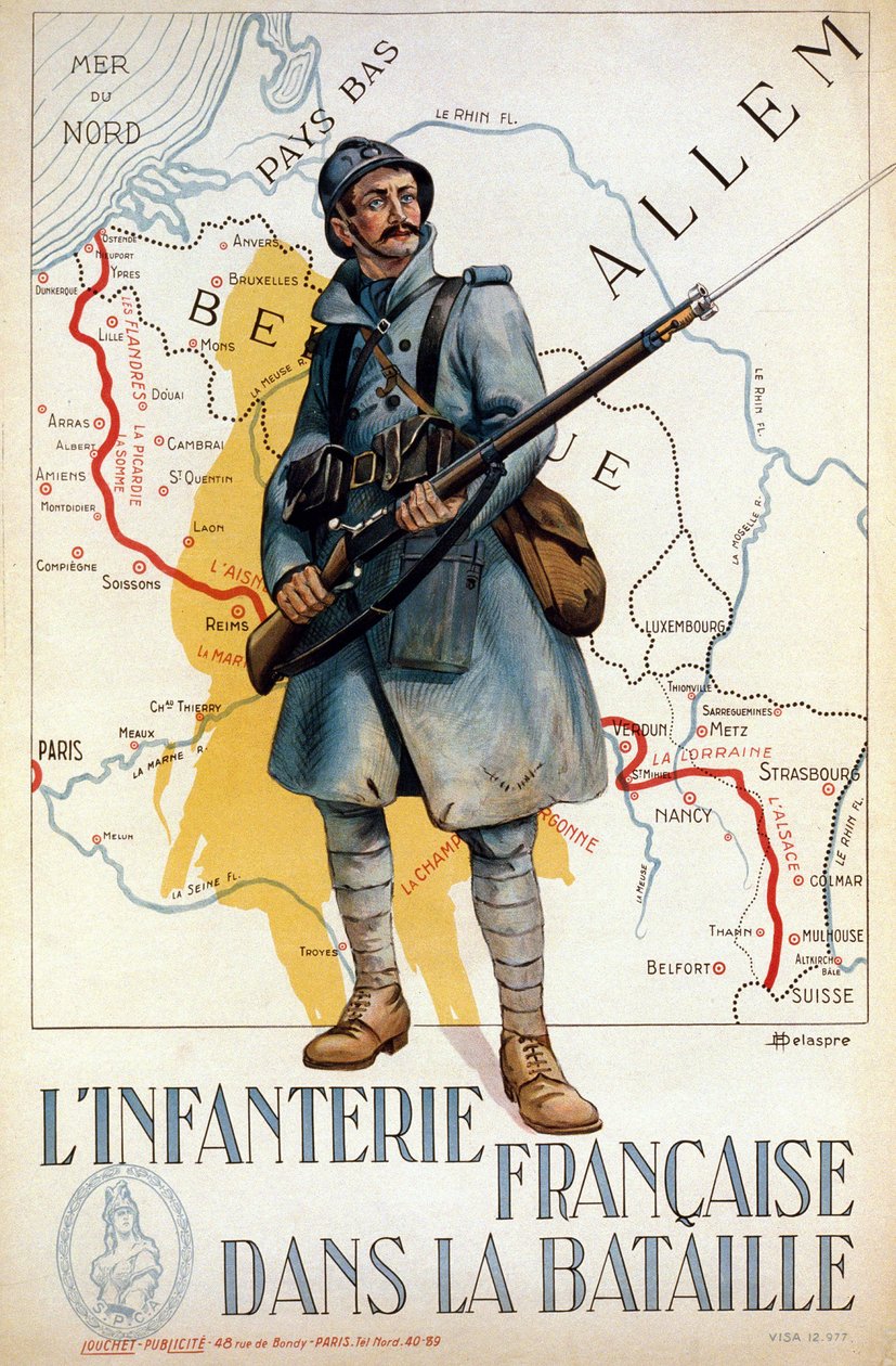 Franse infanterie in gevecht (de rode lijn vertegenwoordigt de Hindenburglinie) - ill. door H. Delaspre door H. Delaspre