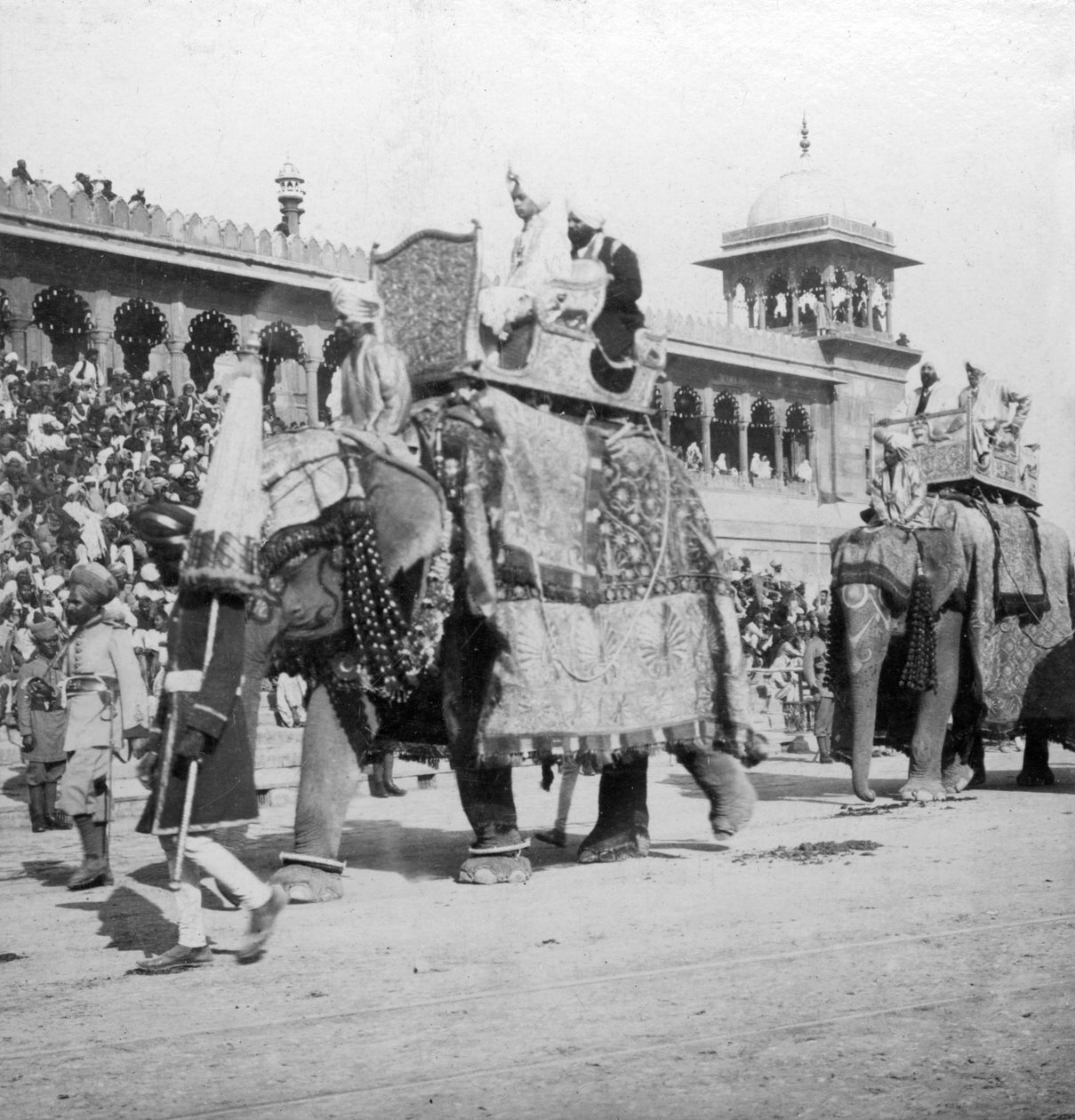 Een olifantenprocessie die langs de Jumma Masjid trekt, Delhi, India, 1900s door H. Hands and Son