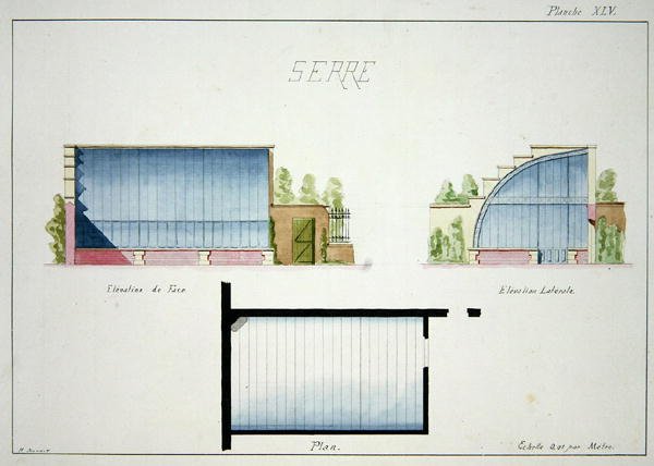 Ontwerp voor een broeikas met gebogen glazen wanden en dak, uit een folio van originele tekeningen in klassieke en vroege Belle-Epoque stijlen, ca. 1870 door H. Monnot