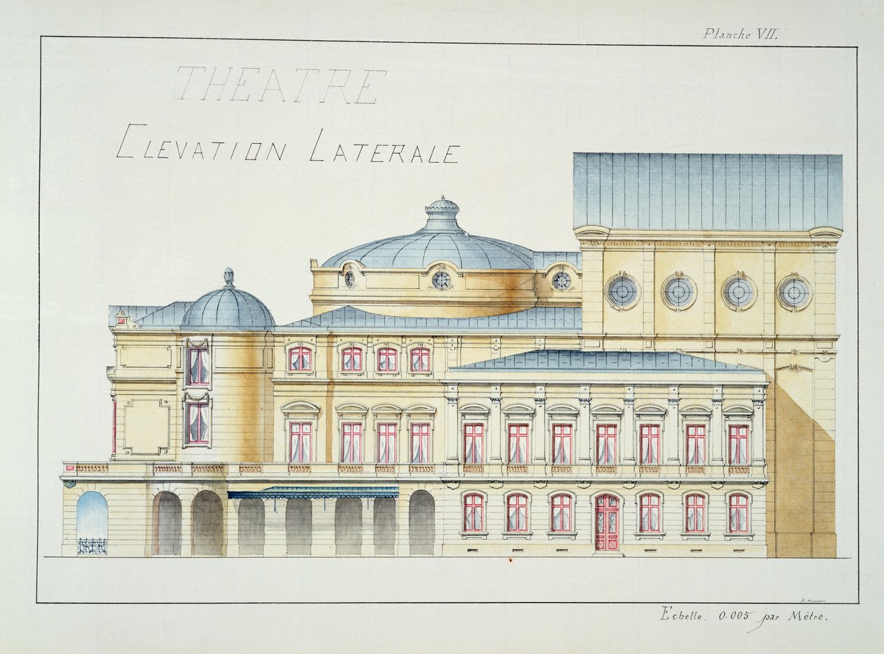 Zijaanzicht van een Theater, plaat VII uit een folio van ontwerpen, ca. 1870 door H. Monnot