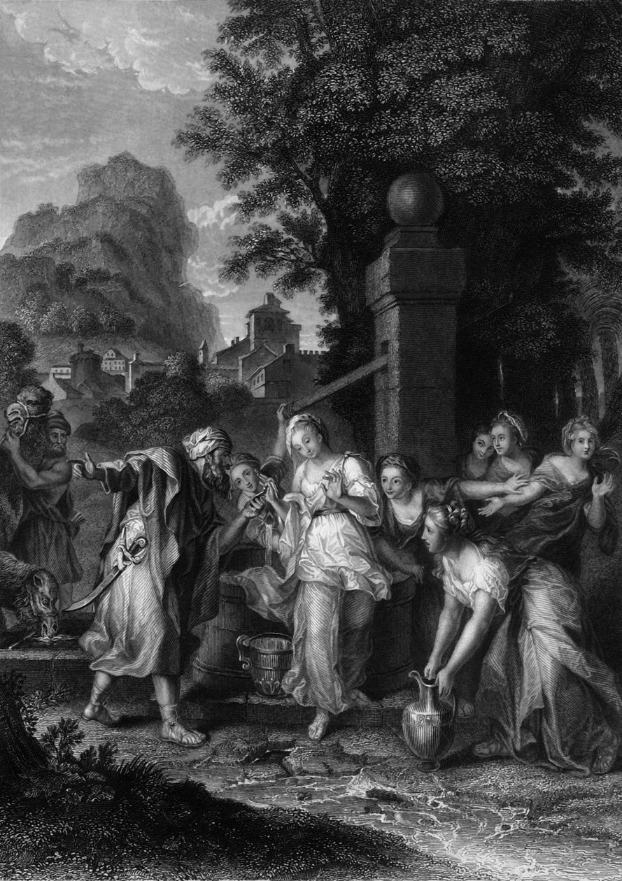 De ontmoeting van Eliezer en Rebecca bij de bron, 19e eeuw door H. Robinson