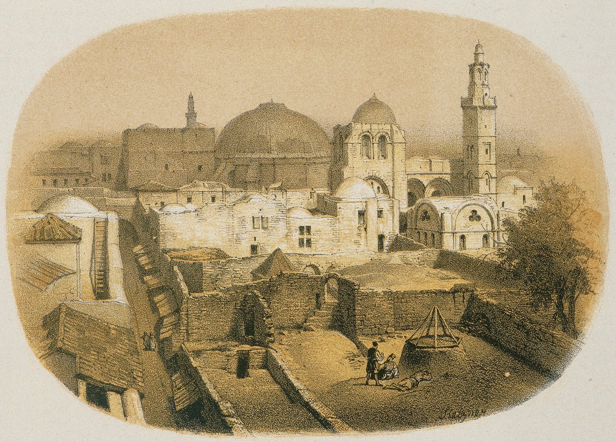 Kerk van het Heilig Graf in Jeruzalem. Ets door Stelzner - Steinkopk J.F. Editore door H. Stelzner