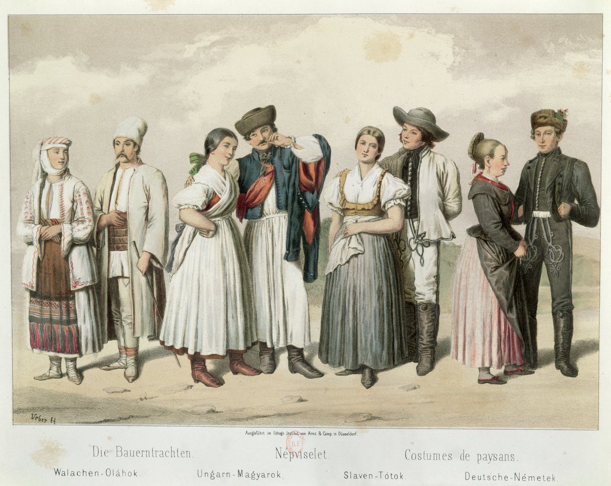 Kostuums van boeren uit (L naar R) Roemenië, Hongarije, Slowakije en Duitsland, uit 