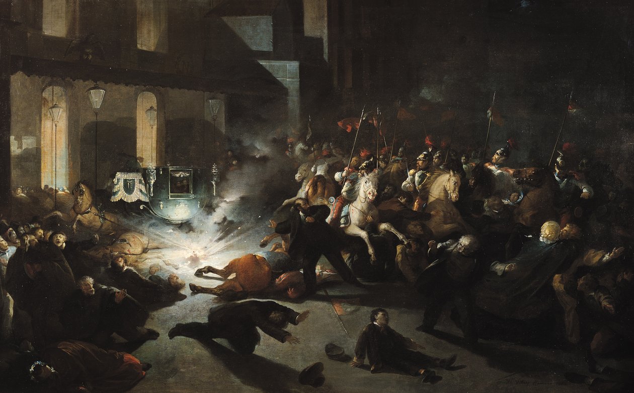 De poging tot moord op keizer Napoleon III (1808-73) door Felice Orsini (1819-59) op 14 januari 1858 door H. Vittori Romano