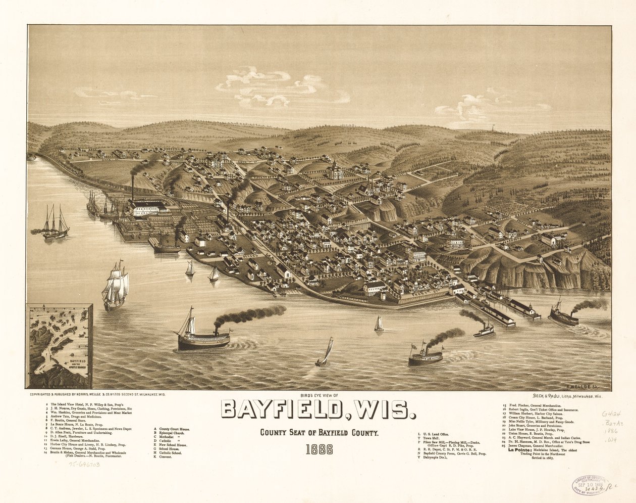 Vogelvlucht van Bayfield, Wis., de zetel van Bayfield County 1886. LOC 75696703 door H. Wellge