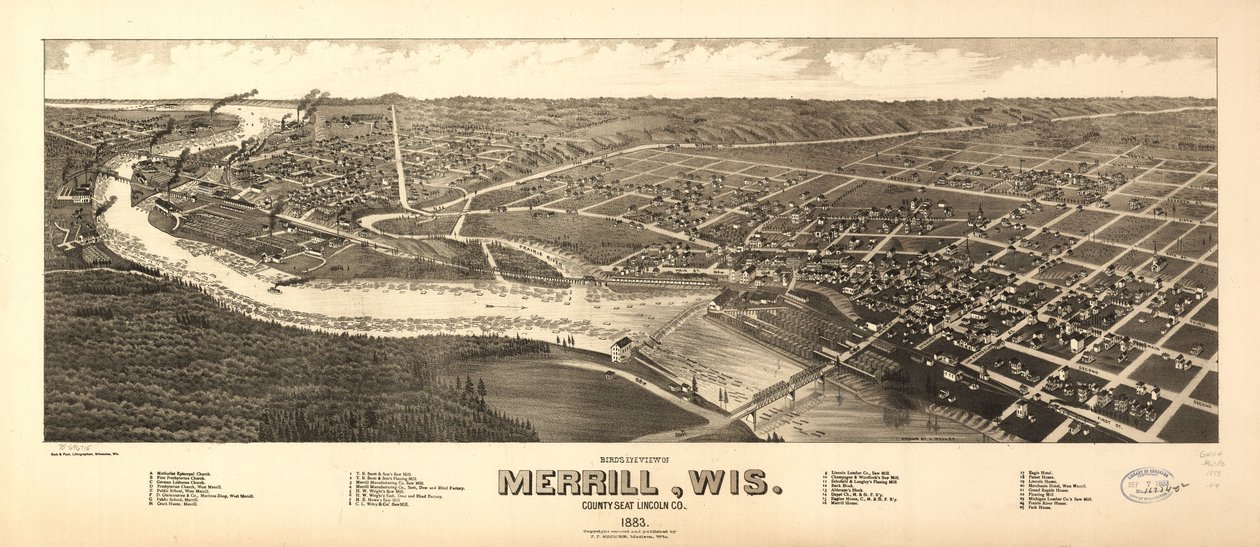 Vogelvlucht van Merrill, Wis. districtshoofdstad Lincoln Co. 1883. LOC 75696715 door H. Wellge