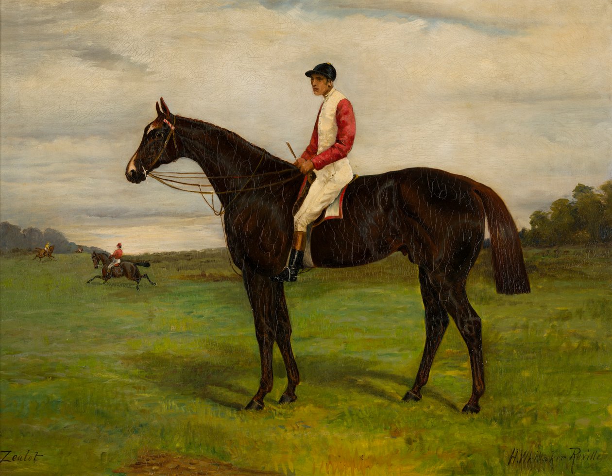 Zealot een bay renpaard met jockey door H. Whittaker Reville