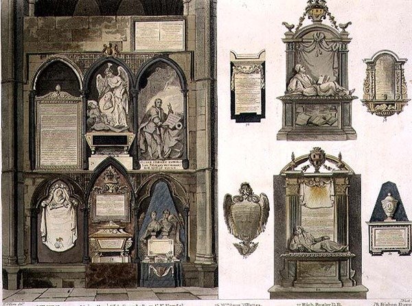 Westzijde van Poets Corner, plaat 25 uit Westminster Abbey, gegraveerd door J. Bluck (fl.1791-1831) pub. door Rudolph Ackermann (1764-1834) 1811 door H. after Villiers