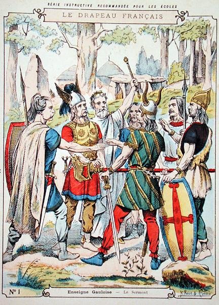 Gallische krijgers die een eed afleggen, van een beschermhoes voor schoolboeken, eind 19e eeuw (kleur litho) door H. and Louis R. Feist