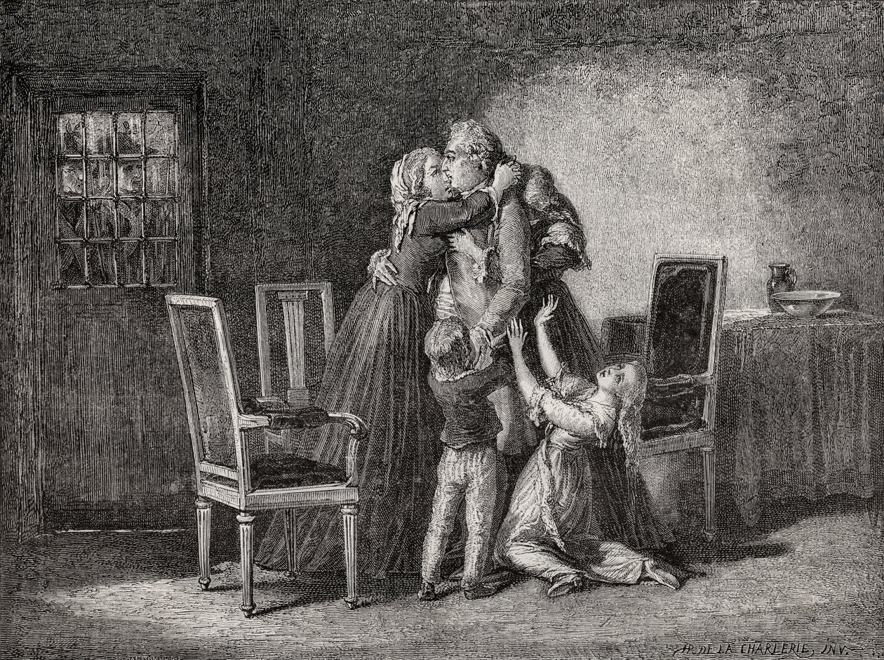Het laatste afscheid van de koninklijke familie, 20 januari 1793, gegraveerd door Carbonneau, uit 