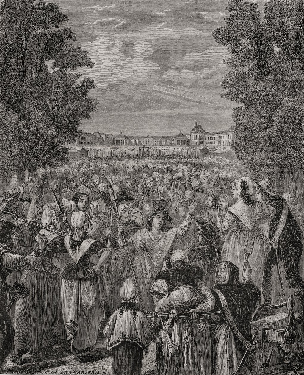 De vrouwen marcheren naar Versailles, 5-6 oktober 1789, gegraveerd door Pannemaker-Ligny, uit 