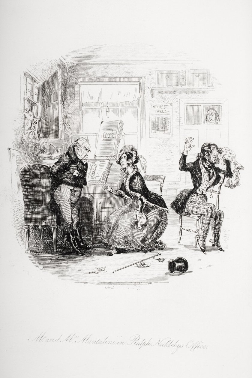 Meneer en Mevrouw Mantalini in het kantoor van Ralph Nickleby, illustratie uit 