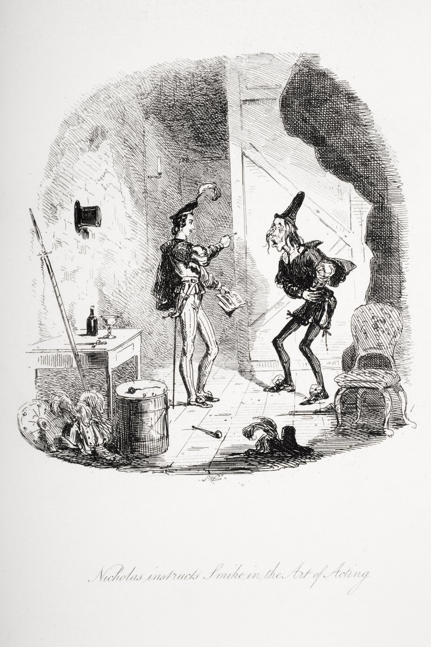 Nicholas onderwijst Smike in de kunst van acteren, illustratie uit 