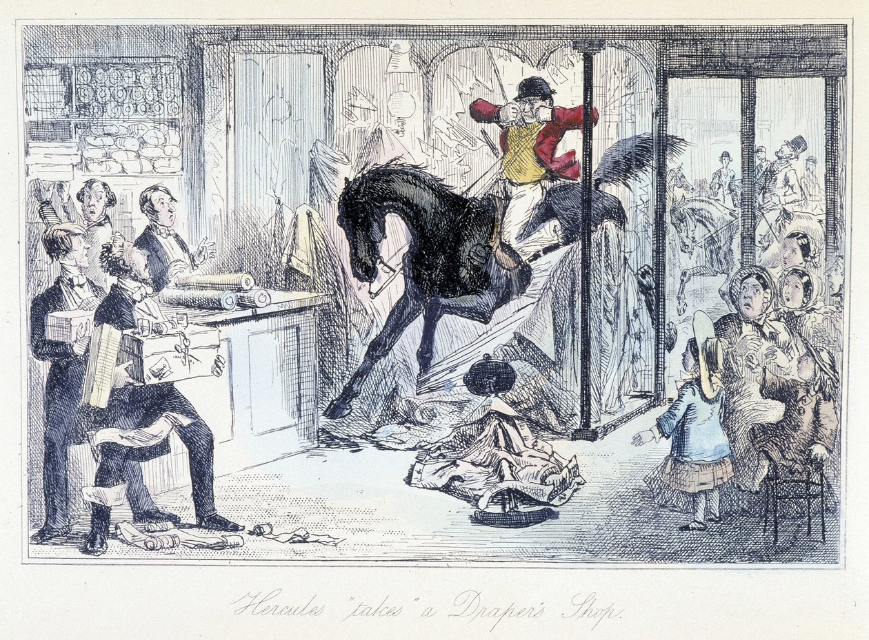 Paardenjager die per ongeluk een stoffenwinkel binnenkomt. Engelse cartoon over jagen uit "avonturen van Thomas Scott of Hawbuck Grange" illustratie door H.K. Browne en W.T. Maud. door Hablot Knight Browne