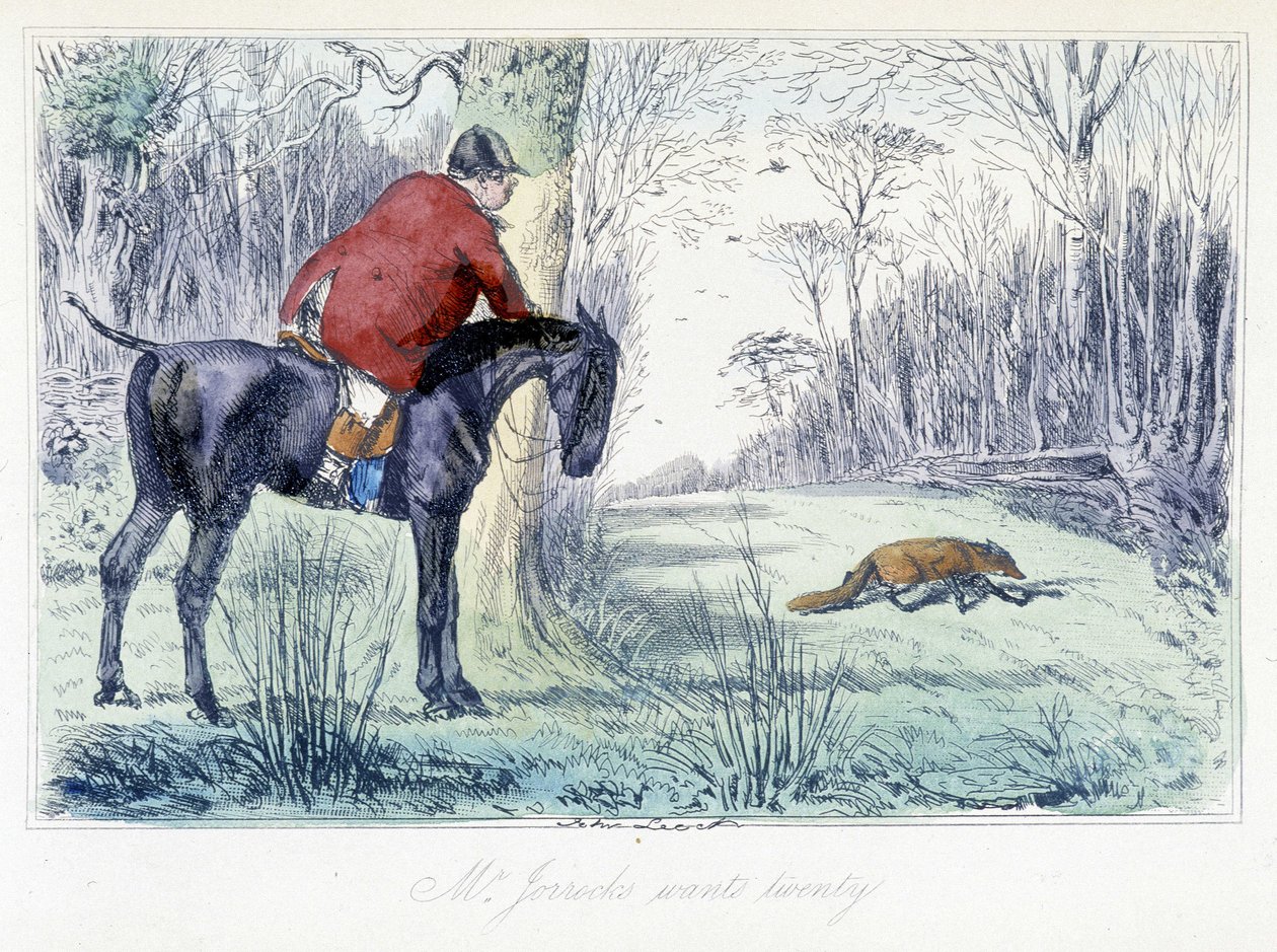 Paardenjachtscène. Engelse cartoon over vossenjacht uit "Avonturen van Thomas Scott of Hawbuck Grange", illustratie door H.K. Browne en W.T. Maud. door Hablot Knight Browne