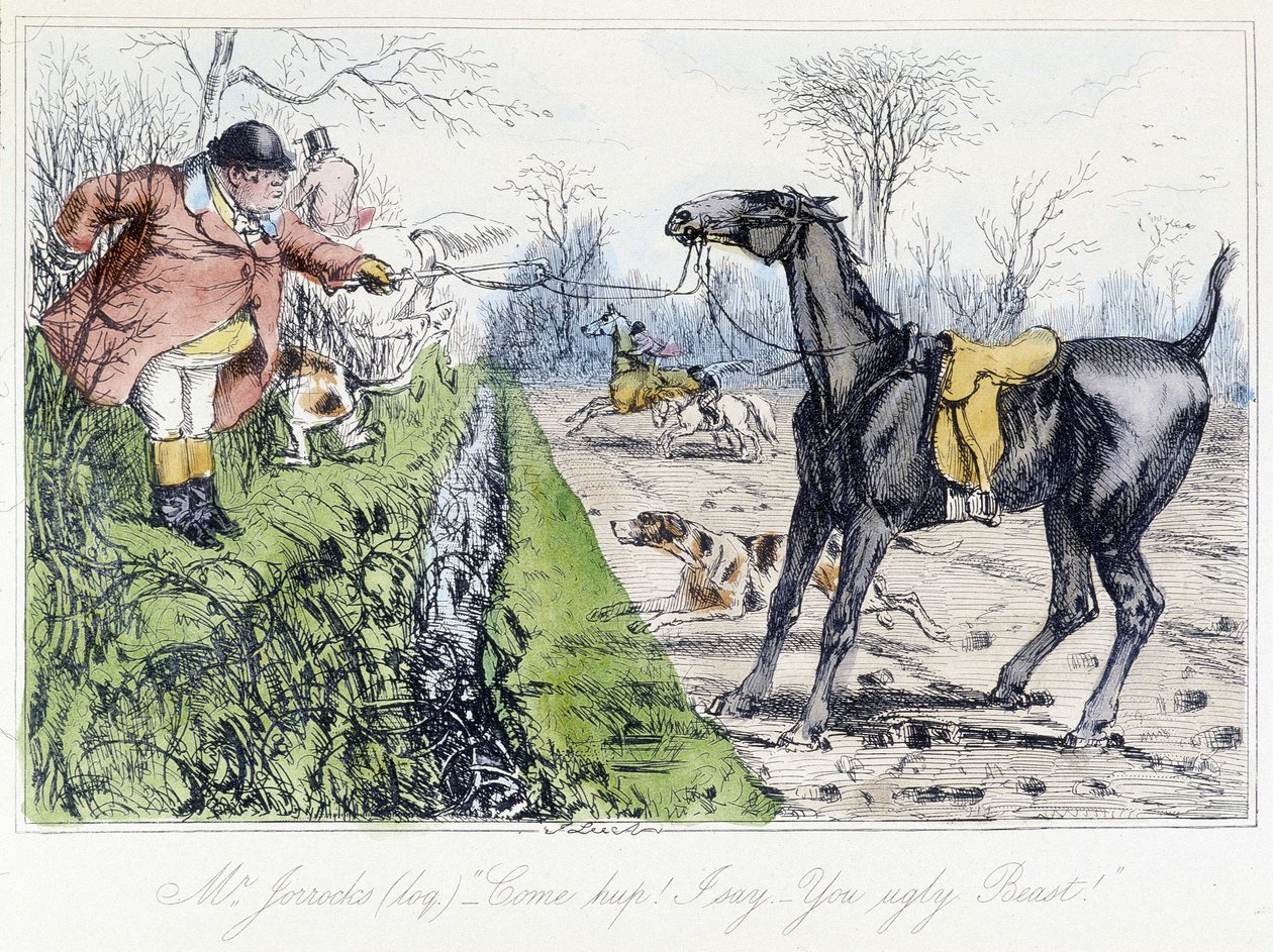 Ruiterjachtscène. Engelse cartoon over vossenjacht uit "de avonturen van Thomas Scott of Hawbuck Grange", illustratie door H.K. Browne en W.T. Maud. door Hablot Knight Browne