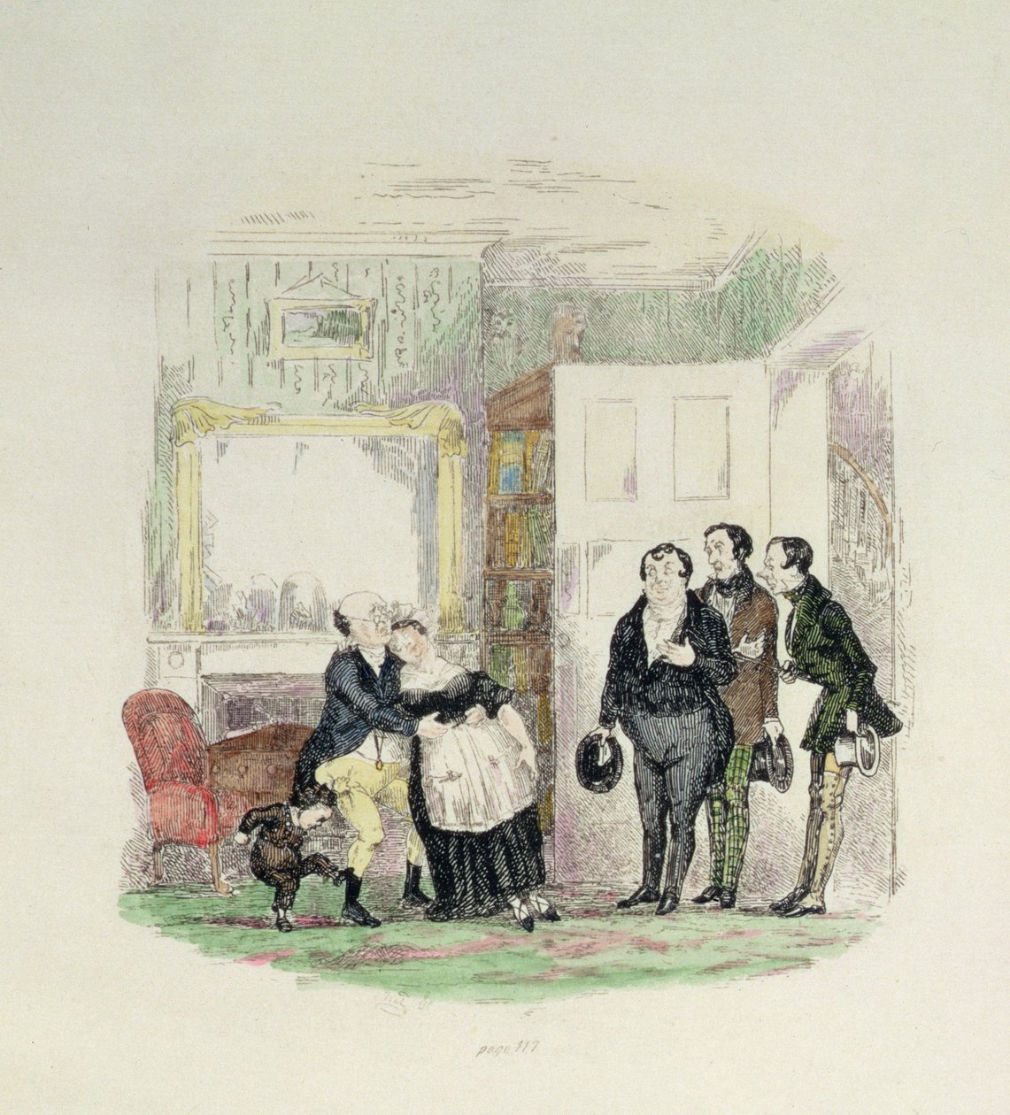 Mr. Pickwick wordt door zijn vrienden gevonden met Mrs. Bardell in zijn armen, illustratie uit 