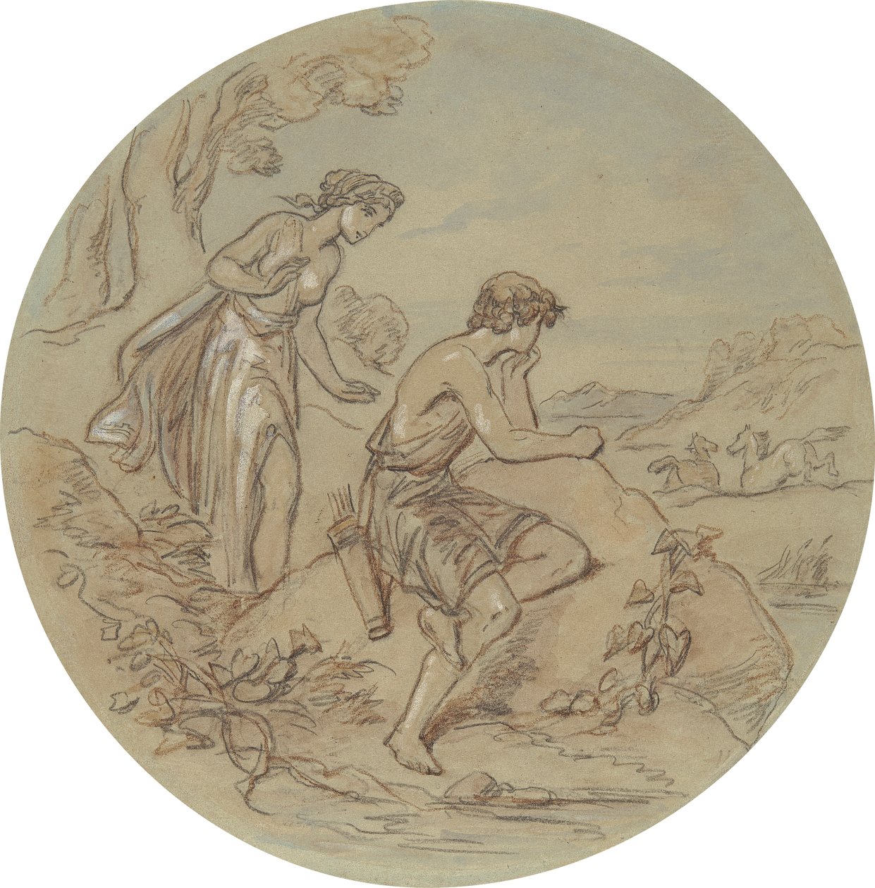 Een van achttien ontwerpen voor een serie platen die Venus en Adonis illustreren door Hablot Knight Browne