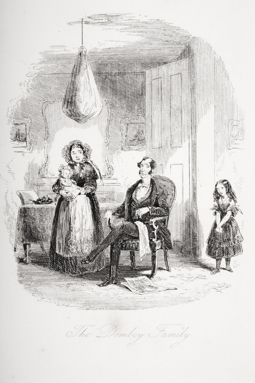 De familie Dombey, illustratie uit Dombey en Zoon door Charles Dickens, voor het eerst gepubliceerd in 1848 door Hablot Knight Browne