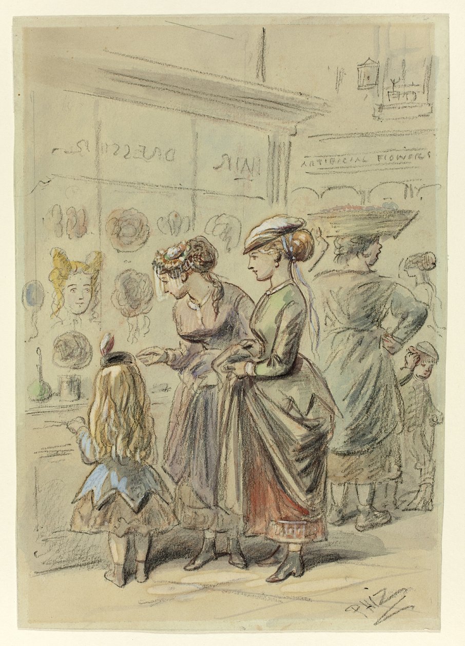 Twee dames en klein meisje voor kapperszaak door Hablot Knight Browne