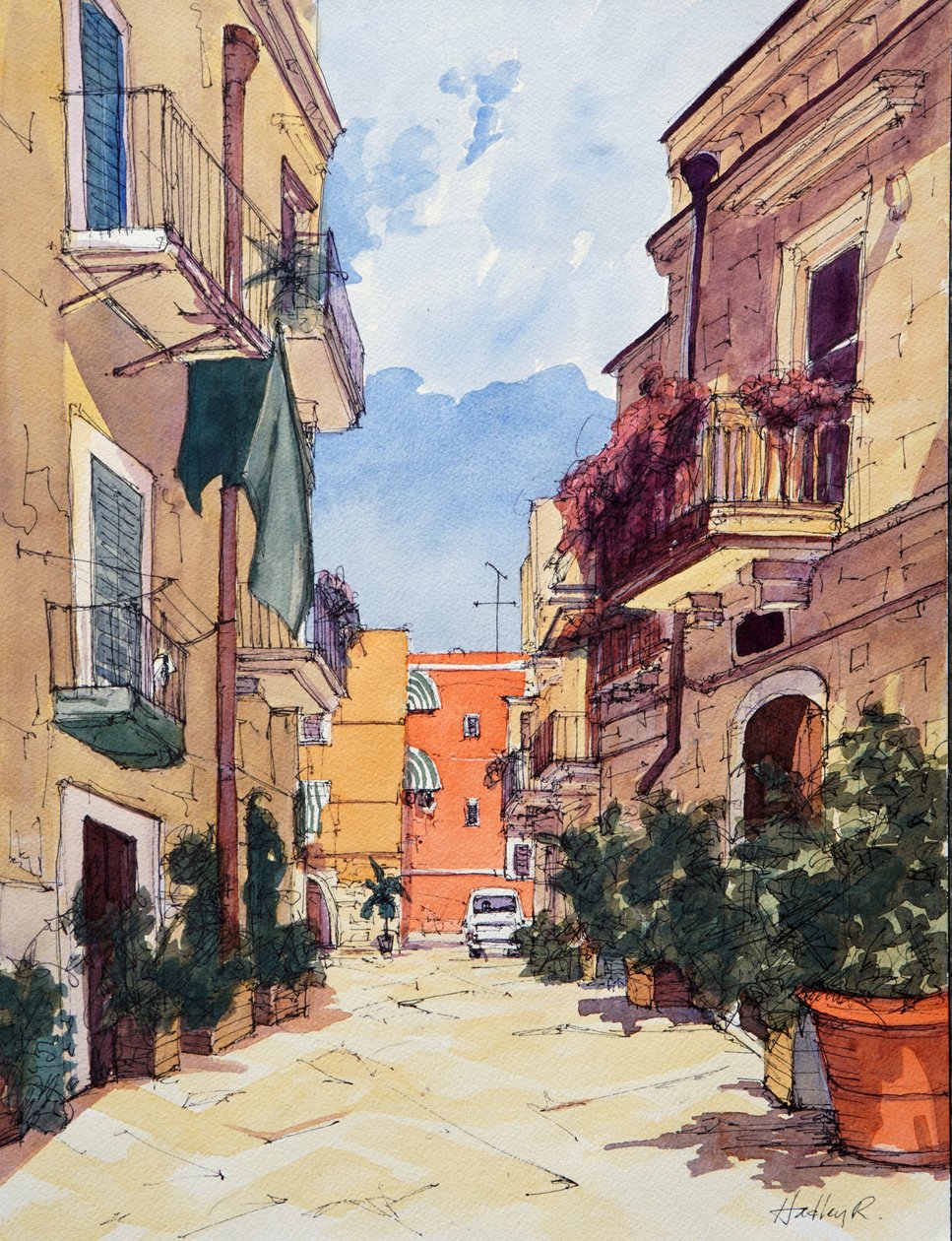 Oude Stad, Bari, Italië, ca. 2024 (aquarel en inkt op papier) door Hadley Rampton