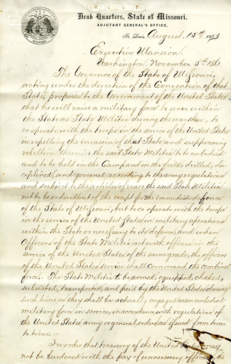 Betreffende het oprichten en inschrijven van militie in Missouri en samenwerking met Amerikaanse troepen door Hamilton Rowan Gamble