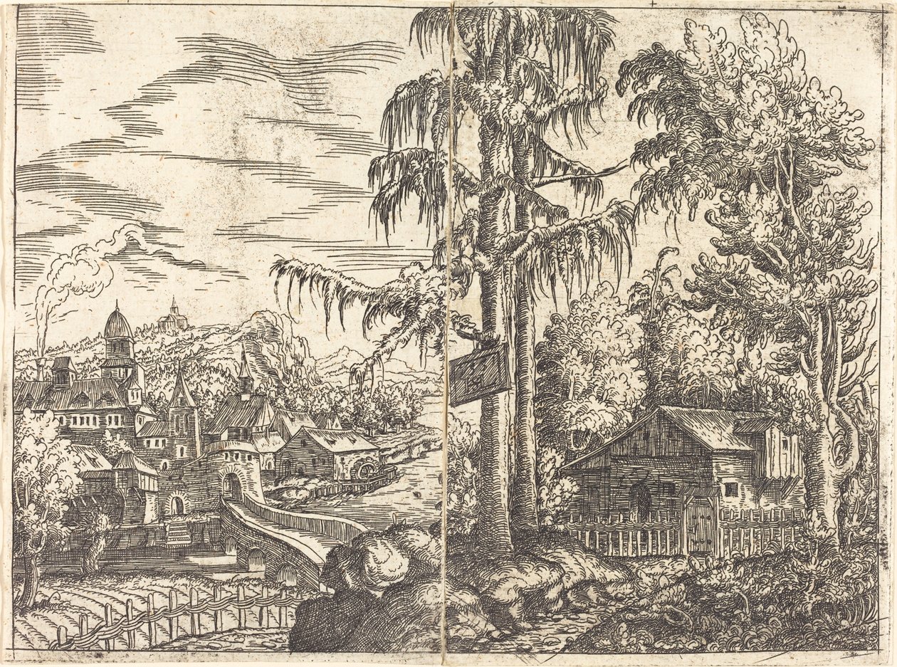 Landschap met Uitzicht op een Boerenhuisje en een Stad bij een Rivier door Hanns Lautensack