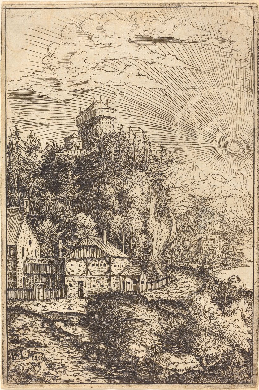 Landschap met een Kasteel en Stralende Zon door Hanns Lautensack