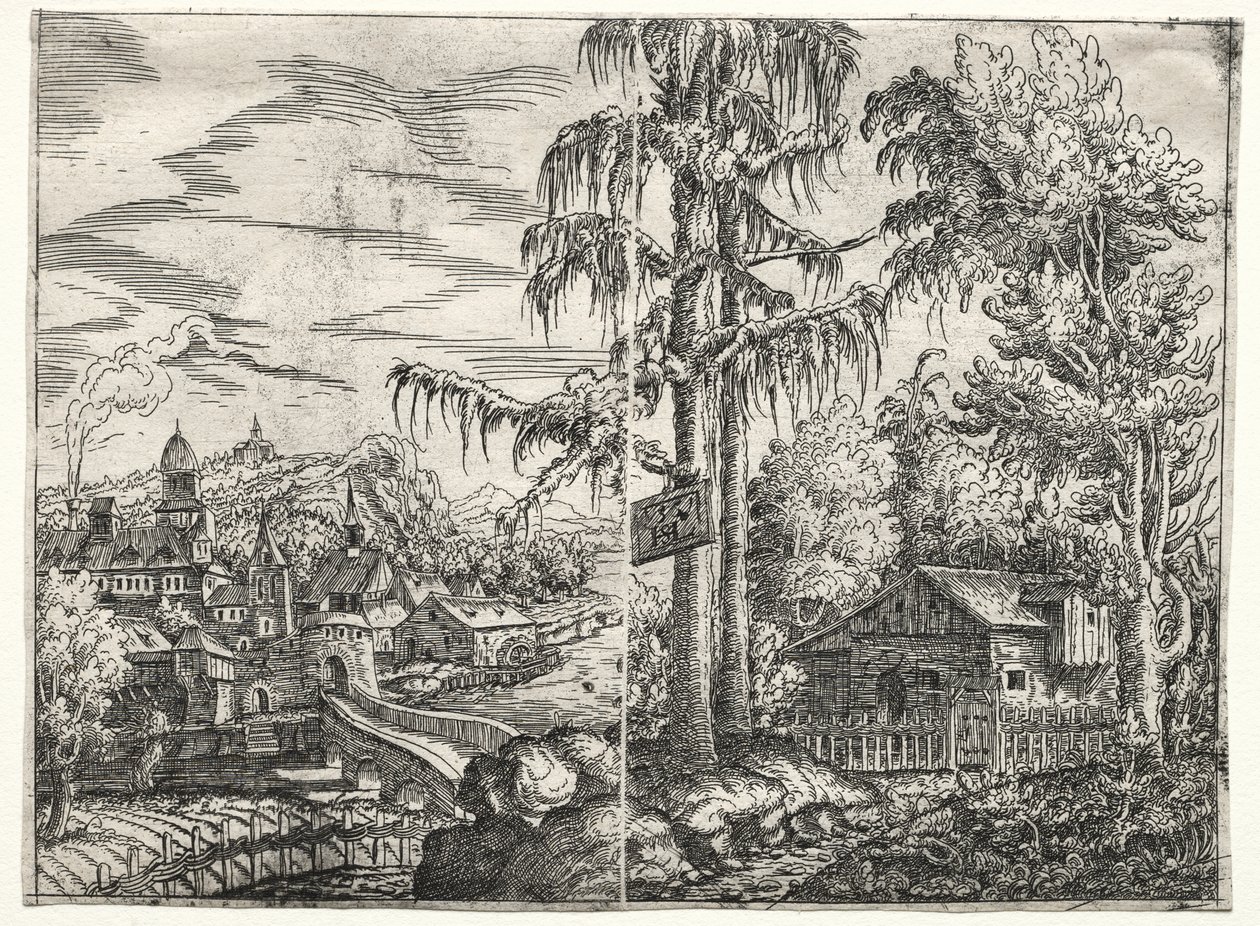 Landschap met de Stad aan een Rivier en Het Huisje tussen Bomen door Hanns Lautensack
