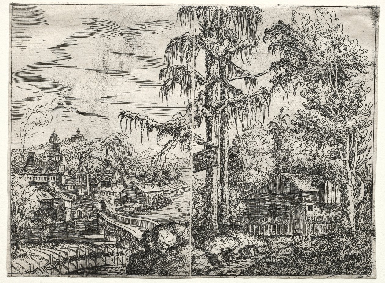 Landschap met de stad aan een rivier en het huisje tussen bomen, 1551 door Hanns Sebald Lautensack