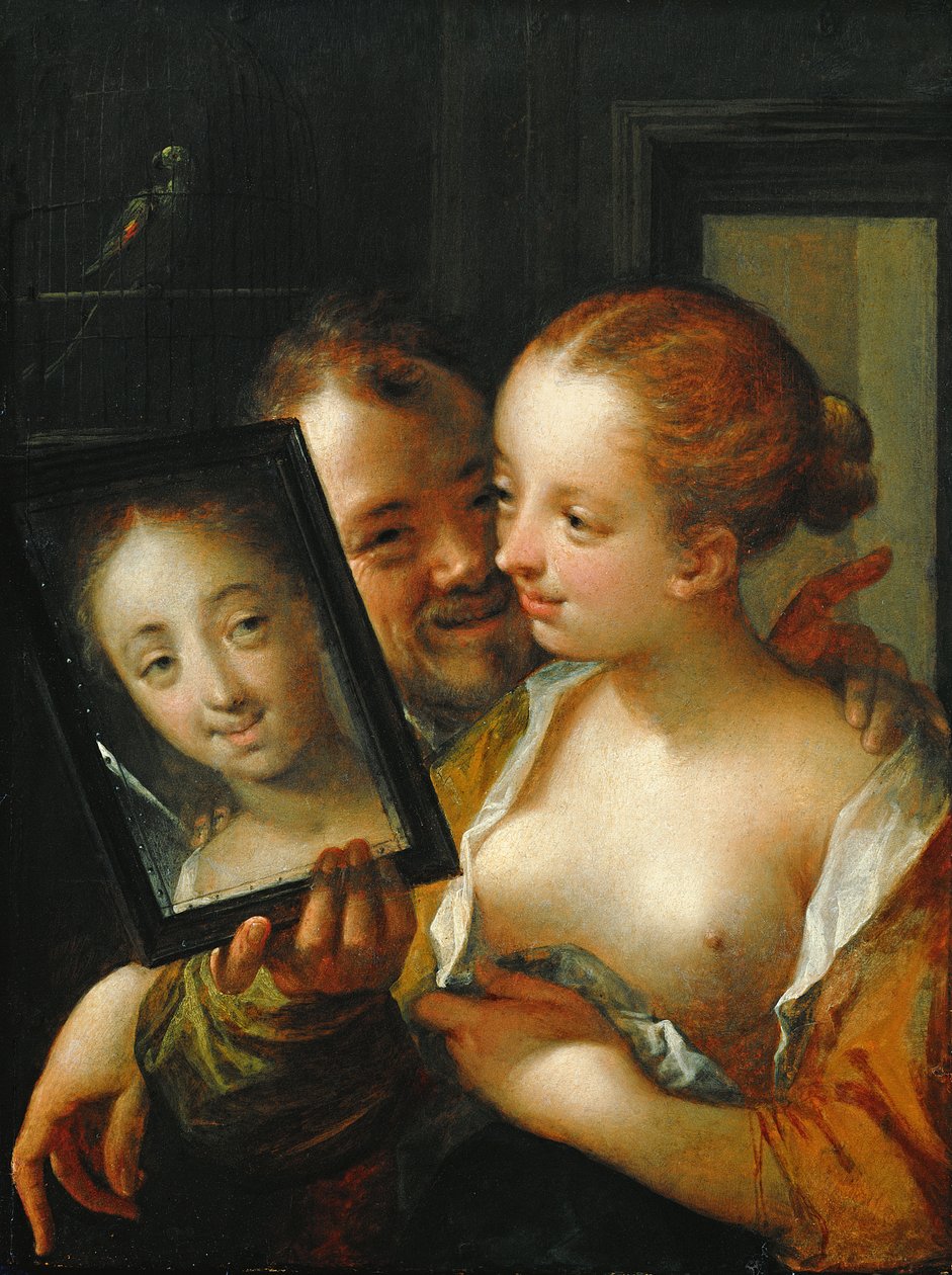 Lachend paar met een spiegel, 1596 door Hans von Aachen