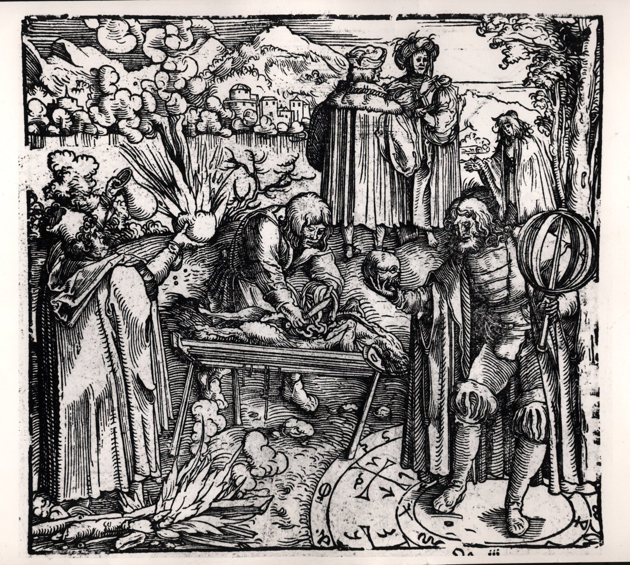 Scènes van waarzeggerij, inclusief haruspicatie, pyromantie en necromantie door Hans Burgkmair