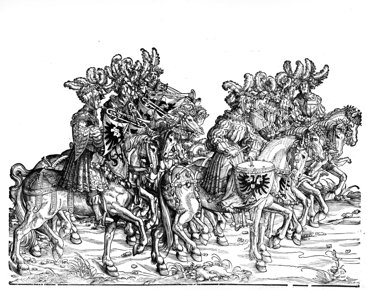Tien Muzikanten, uit de Triomftocht van Maximiliaan I, ca. 1517 door Hans Burgkmair