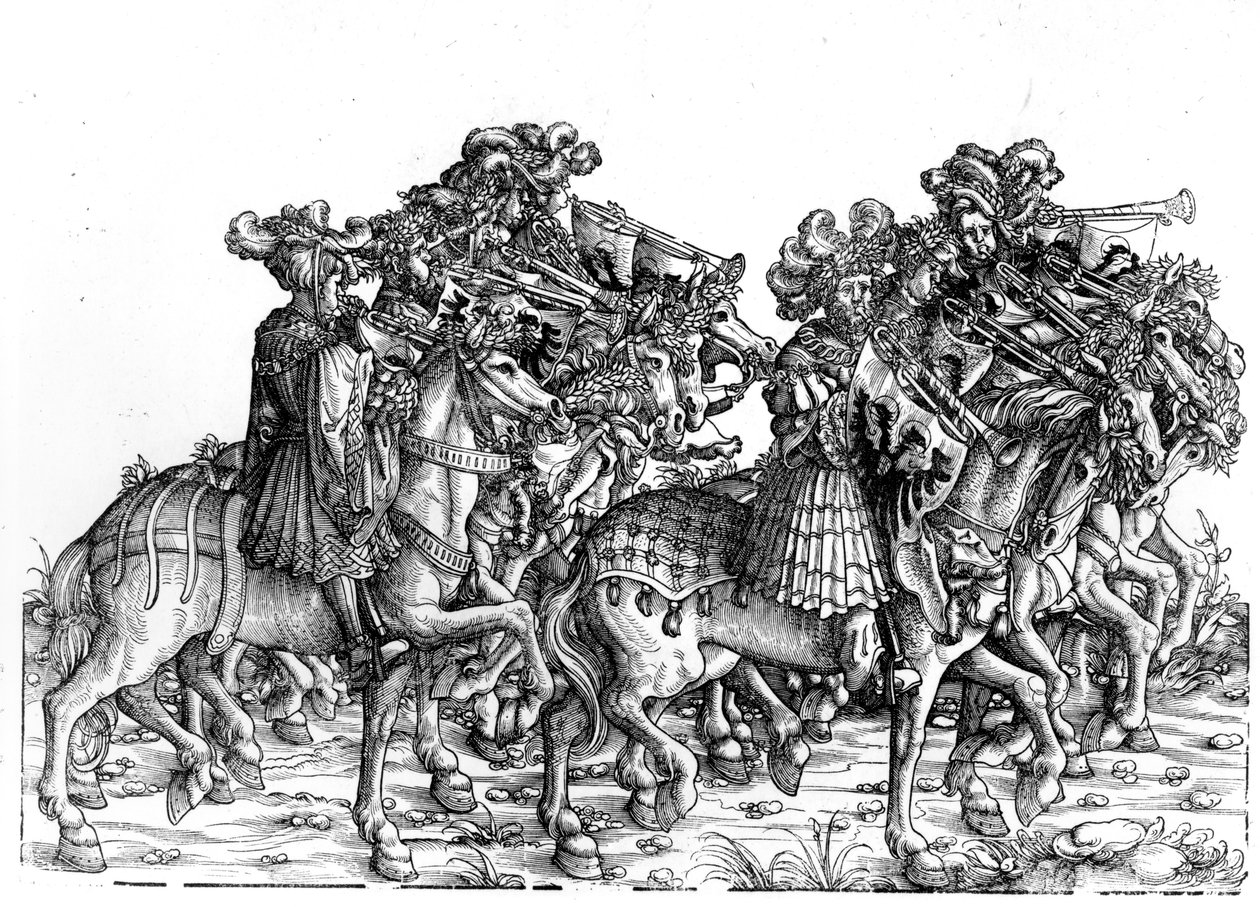 Tien muzikanten met trompetten, uit de Triomftocht van keizer Maximiliaan I, c.1517 door Hans Burgkmair