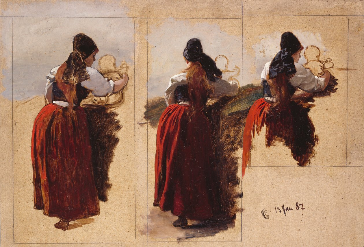 Studies van een vrouw uit Rügen door Hans Gude