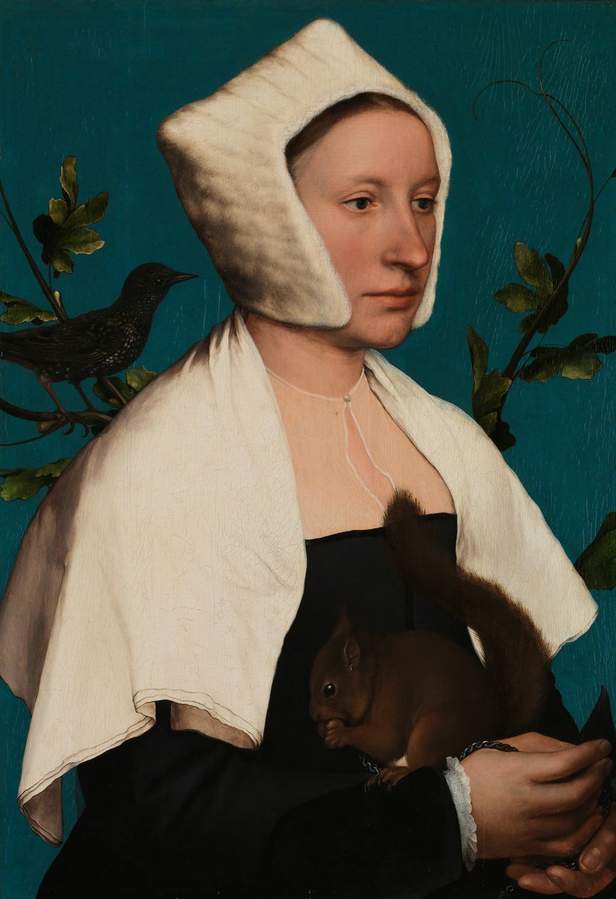 Portret van een Dame met een Eekhoorn en een Spreeuw, waarschijnlijk Anne Lovell door Hans Holbein
