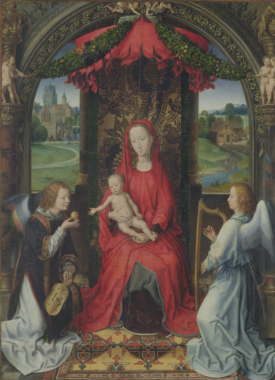 Madonna en Kind Enthroned met Twee Engelen, 1490-91 door Hans Memling