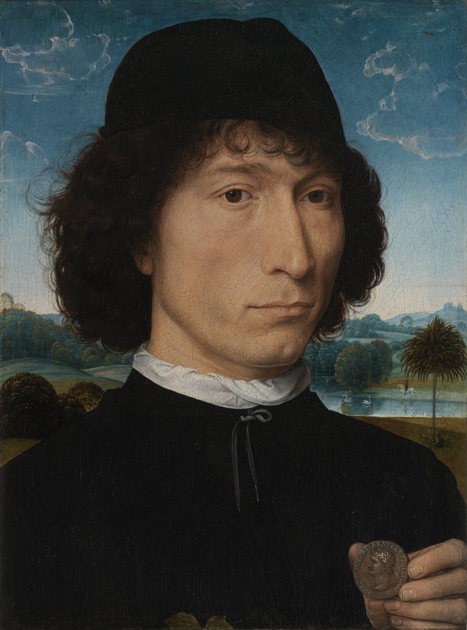 Portret van een Man met een Romeinse Munt door Hans Memling