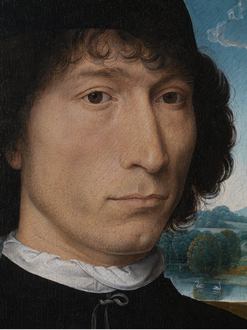 Portret van een man met een antieke munt door Hans Memling